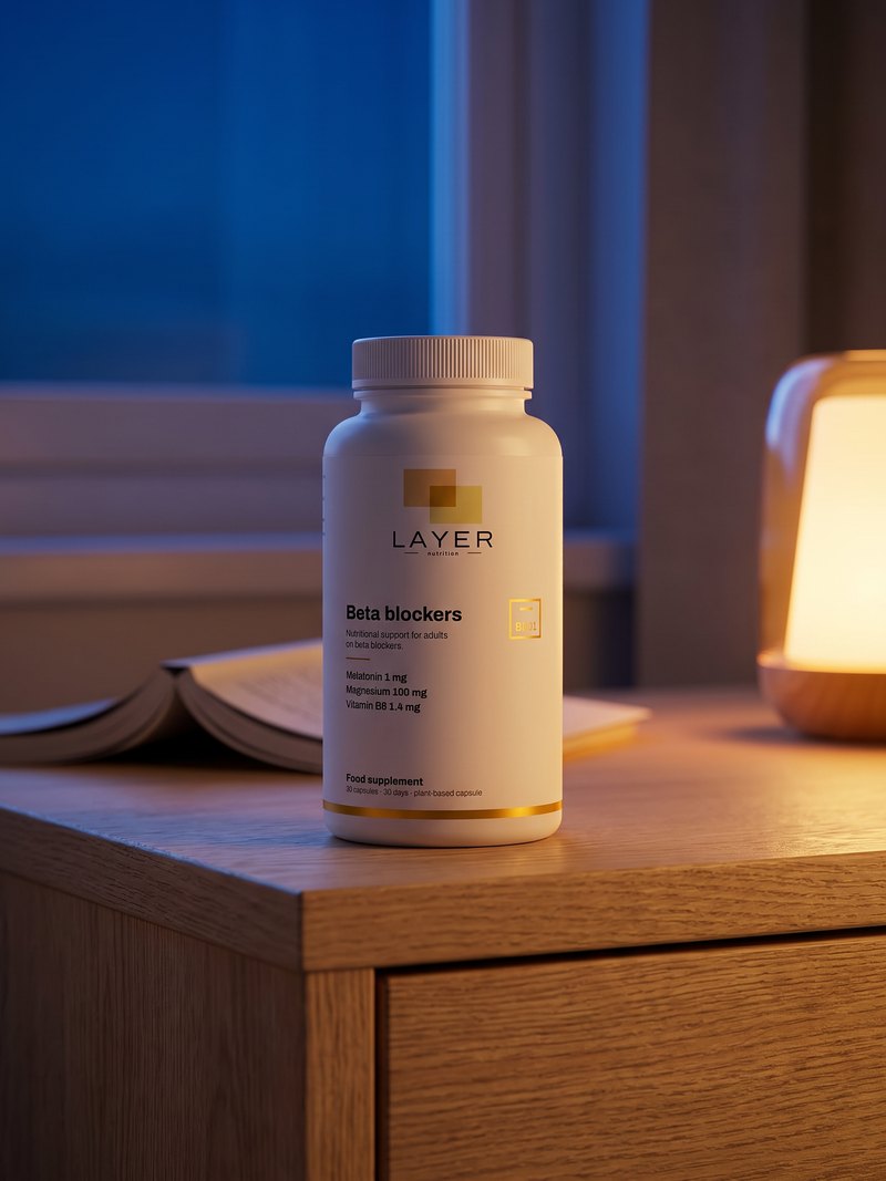 The Layer Nutrition Beta-Blockers bottle on a bedside table, in the evening