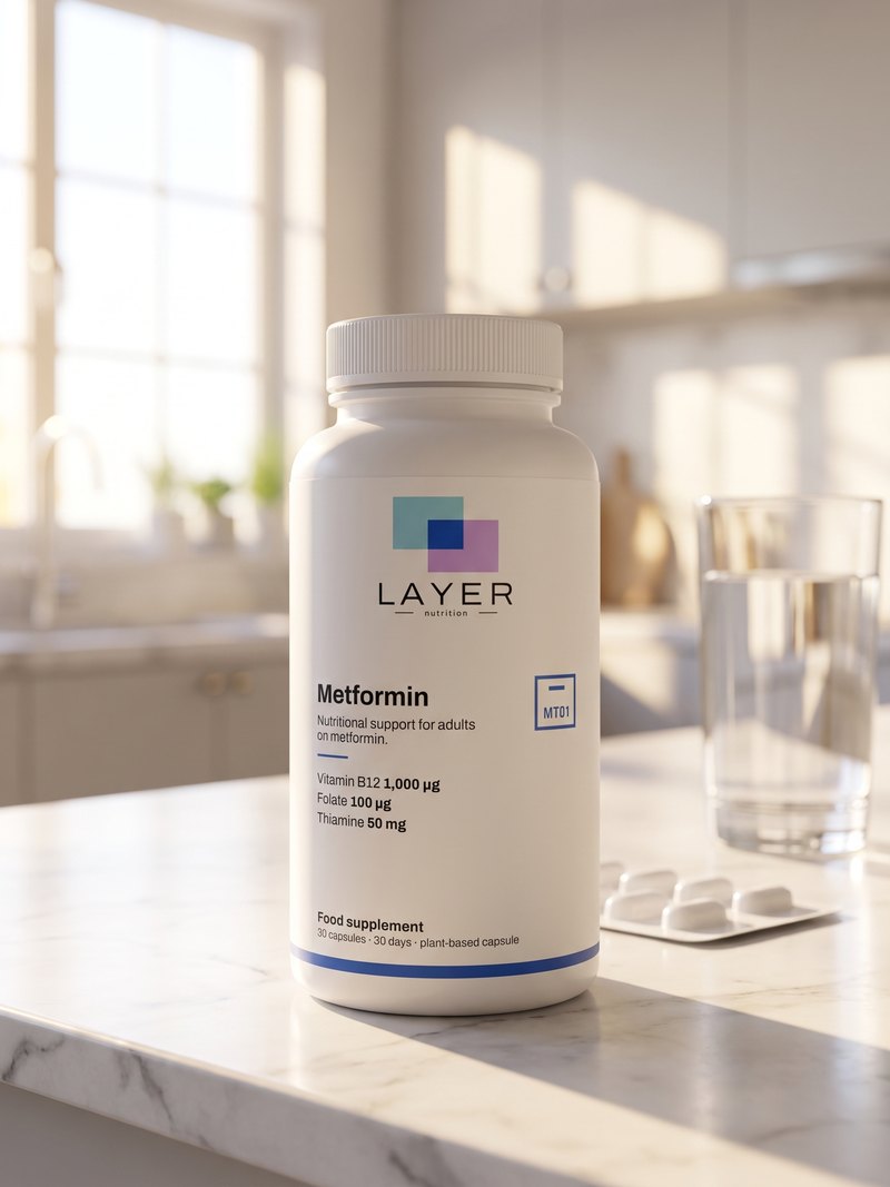 The Layer Nutrition Metformin bottle on a kitchen counter, a glass of water beside it