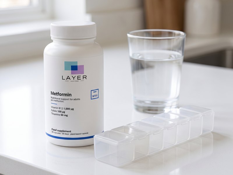 The Layer Nutrition Metformin bottle next to a weekly pill organiser